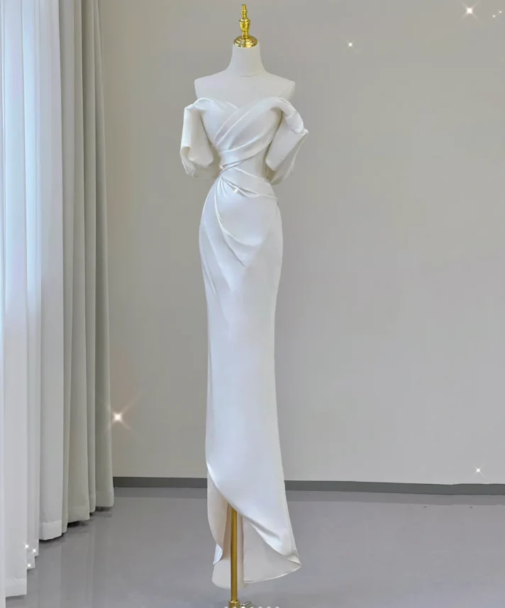 Classy Elegant Mermaid Off The Shoulder White Short Sleeves Satin Wedding Dresses Brides Dress DP455 - Deanwangkt
