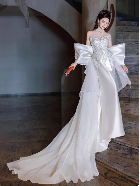 Unique Strapless Sheath Satin Train Wedding Dress Glamour Embroidery Bridal Gown DH2686 - Deanwangkt
