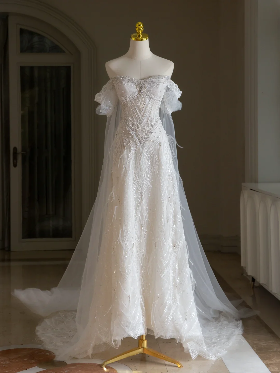 Unique Wedding Dress A Line Off The Shoulder Sequin Short Sleeves 70s Wedding Dresses Bridal Gowns DH2073 - Deanwangkt