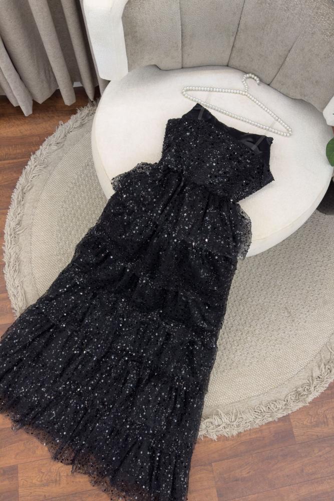 Sparkly Stunning Black Sequined Sleeveless Strapless Long Prom Dress with Split DP291 - Deanwangkt