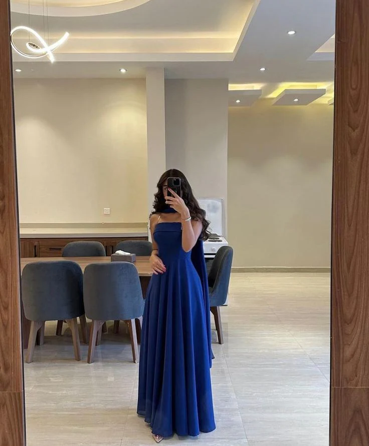 Fancy A Line Strapless Royal Blue Chiffon Sleeveless Long Evening Dress Party Gowns Evening Special Formal Dresses Prom Dress DH188 - Deanwangkt