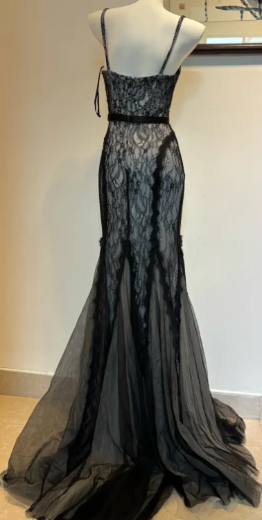 Chic Spaghetti Strap Mermaid Lace Long Prom Dresses, Black Formal Evening Dresses DP3093 - Deanwangkt