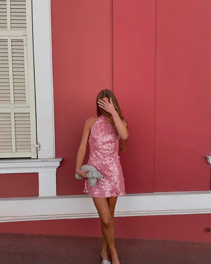 Pretty A Line High Neck Light Pink Sequin Formal Homecoming Dresses Short 21st Birthday Outfits Graduation Dress Mini Cocktail Dresses DH2390 - Deanwangkt