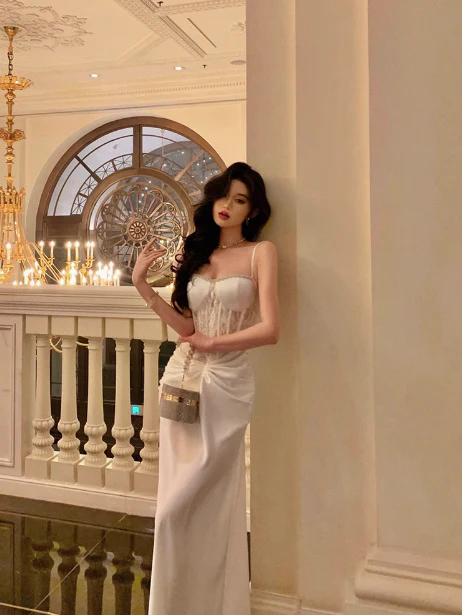 Pretty Mermaid Spaghetti Straps White 18th Birthday Dress Long Party Birthday Outfits For Women DP0166 - Deanwangkt