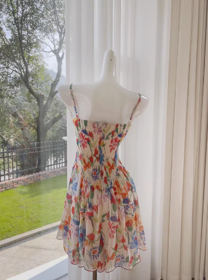 Sexy A line Spaghetti Straps Floral Chiffon Short Homecoming Dress Summer Hoco Dresses Cocktail Dress Birthday Outfits DP2288 - Deanwangkt