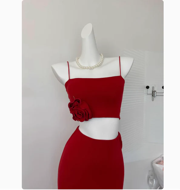 Cute Mermaid Spaghetti Straps 2 Pieces Red Long Summer Dress For Women DP0013 - Deanwangkt