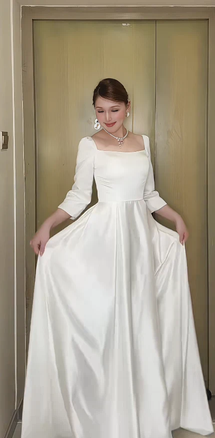 Elegant Sheath White Long Prom Dresses Satin Long Sleeve White Mother of Bride Dress DP3953 - Deanwangkt