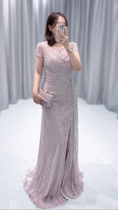 Elegant Dusty Pink Jewel Sheath Mother of the Bride Dress Tulle Beaded Evening Gown DP2871 - Deanwangkt