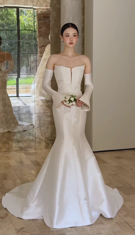 Timeless Strapless Mermaid Wedding Dresses Satin White Bridal Gowns DP3330 - Deanwangkt