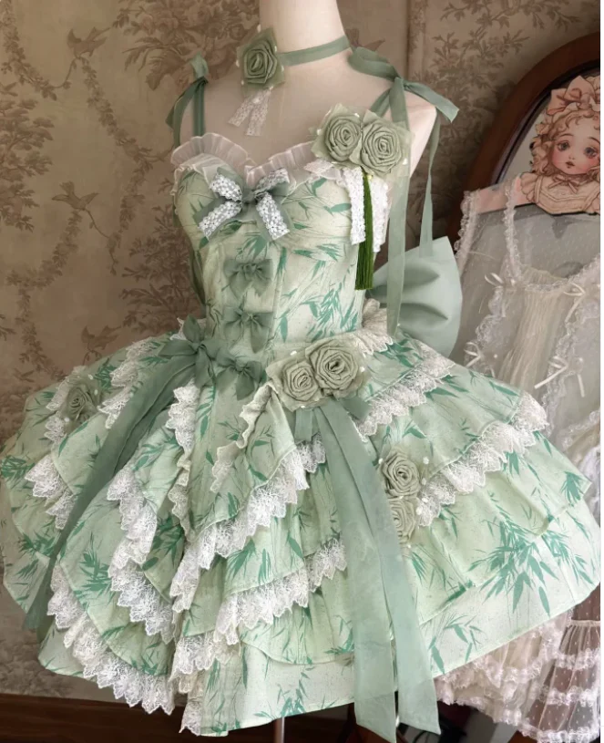 Sweet Spaghetti Strap Ball Gown Floral Chiffon Birthday Dresses Green Lolita Dresses DP3058 - Deanwangkt