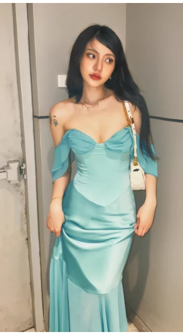 Sexy Off-the-shoulder Mermaid Satin Chiffon Long Prom Dresses, Blue Formal Evening Dresses DP3024 - Deanwangkt