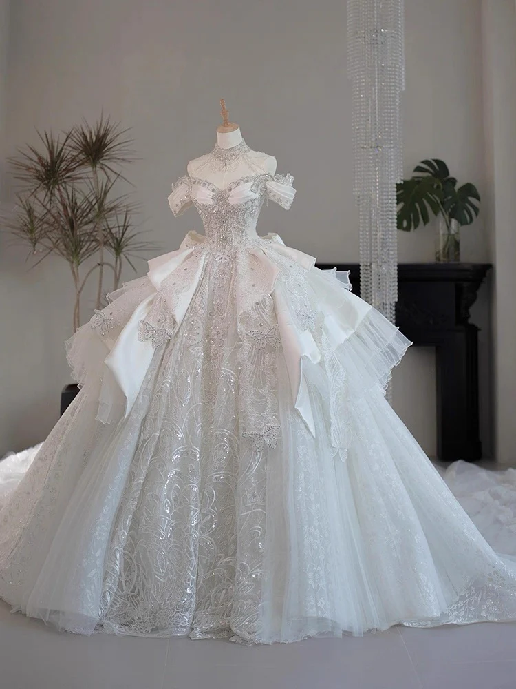 Princess Bridal Dress Ball Gown Off The Shoulder White Wedding Dress Ruffles Lace Wedding Dresses Modest Wedding Gowns DH1774 - Deanwangkt