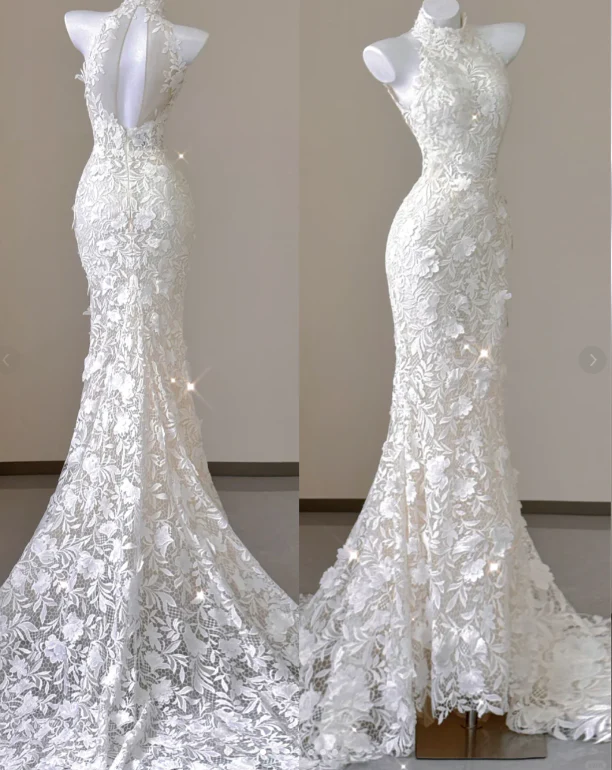 Elegant Mermaid High Neckline White Lace Sleeveless Wedding Dresses Brides Dress P0012 - Deanwangkt