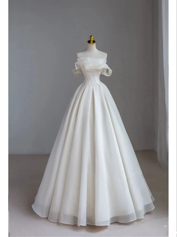 Classic Bridal Gown Ball Gown Off The Shoulder Short Sleeves Satin White Wedding Dresses Elegant Bridal Gowns DH744 - Deanwangkt