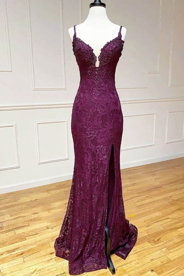 Classy Lace Spaghetti Straps V-Neck Mermaid Formal Prom Dress Long Formal Dress DP493 - Deanwangkt