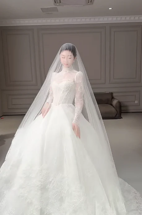 Modest Turtleneck Ball Gown Lace Applique Wedding Dress Elegant Long Sleeve Bridal Dress DP2968 - Deanwangkt