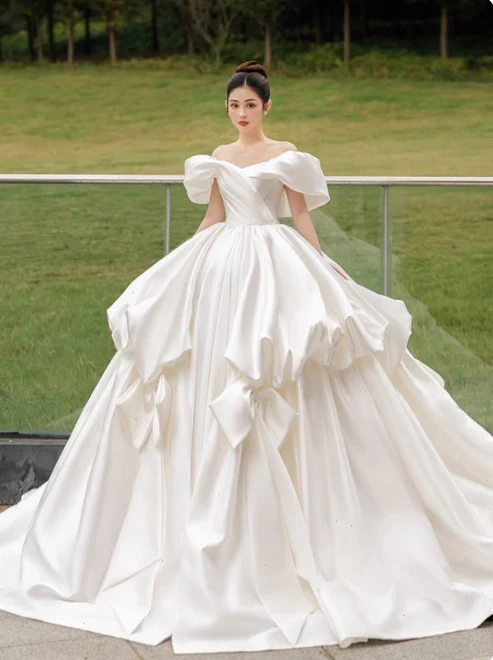 Modest Ball Gown Off-the-shoulder Bridal Dress White Satin Long Wedding Dress Elegant Bridal Gowns DP2818 - Deanwangkt