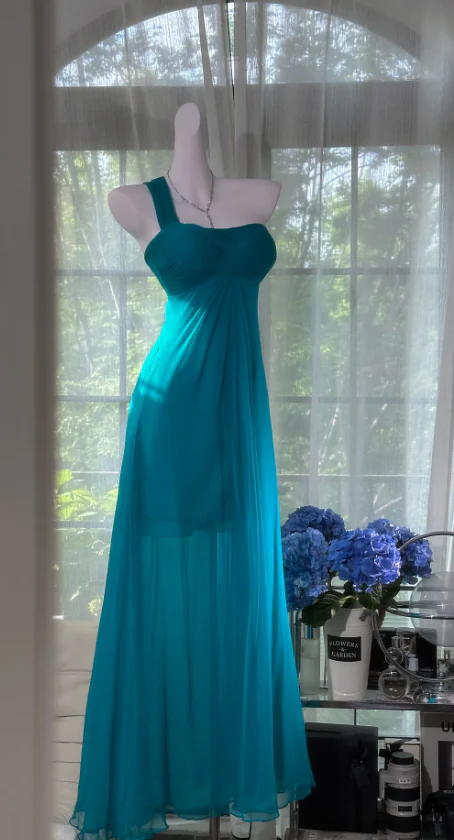 Vintage One-Shoulder Sheath Chiffon Long Prom Dresses, Turquoise Formal Evening Dresses DP3167 - Deanwangkt