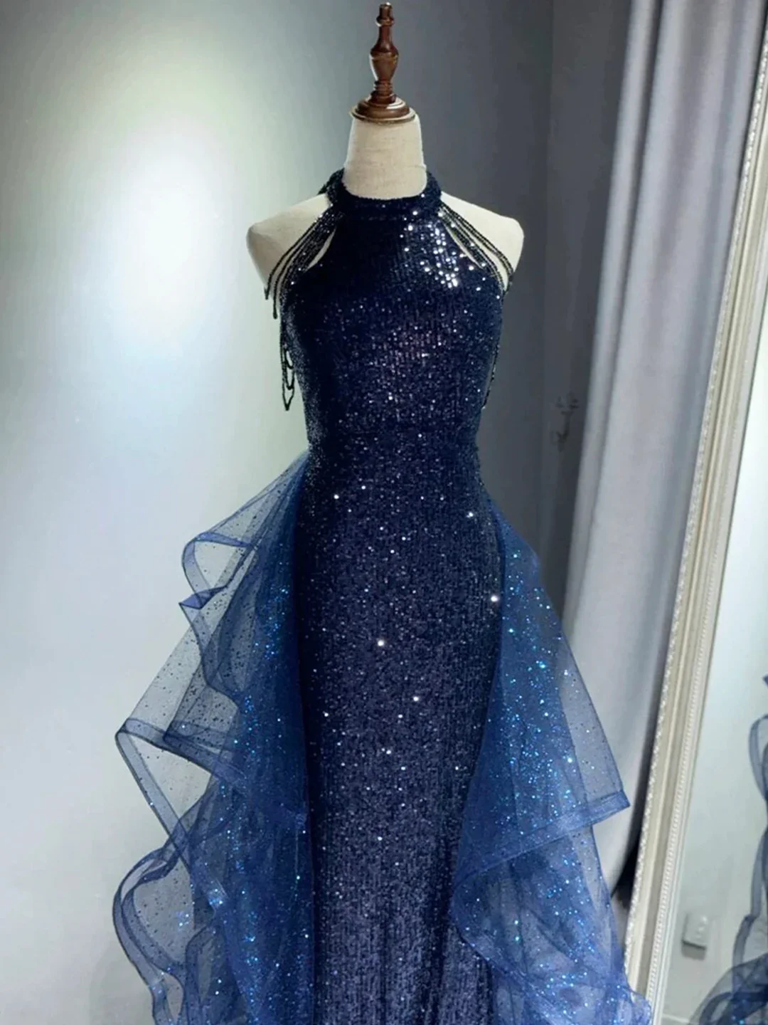 Pretty Navy Blue Sequins Long Prom Party Dress Prom Dress Evening Dresses DP309 - Deanwangkt