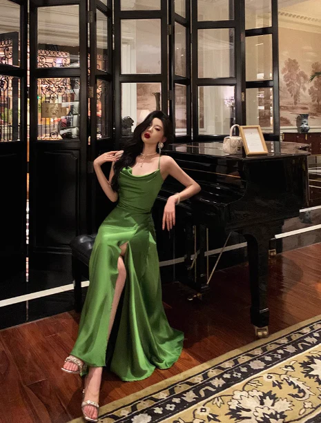 Sexy A line Spaghetti Straps Green Slit 21st Birthday Dress Holiday Party Birthday Outfits For Women DP0179 - Deanwangkt