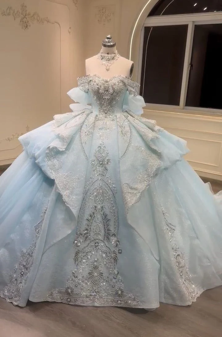 Gorgeous Sky Blue Off-the-shoulder Tulle Long Ball Gown Flower Sweet 16th Birthday Dress Cute Quinceanera Dress DH2736 - Deanwangkt