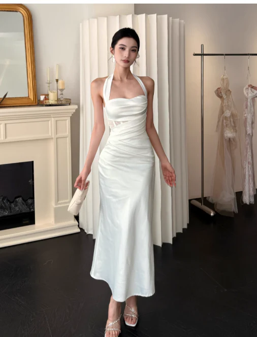 Chic Halter Sheath Satin Evening Dresses,White Formal Dresses DP3151 - Deanwangkt