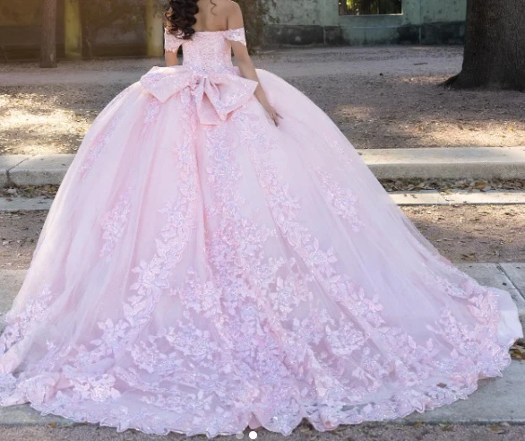 Modest Ball Gown Off The Shoulder Pink Tulle Lace Long Quinceanera Dress Formal Gowns Vestido De 15 Anos Sweet 16 Dress DH1853 - Deanwangkt