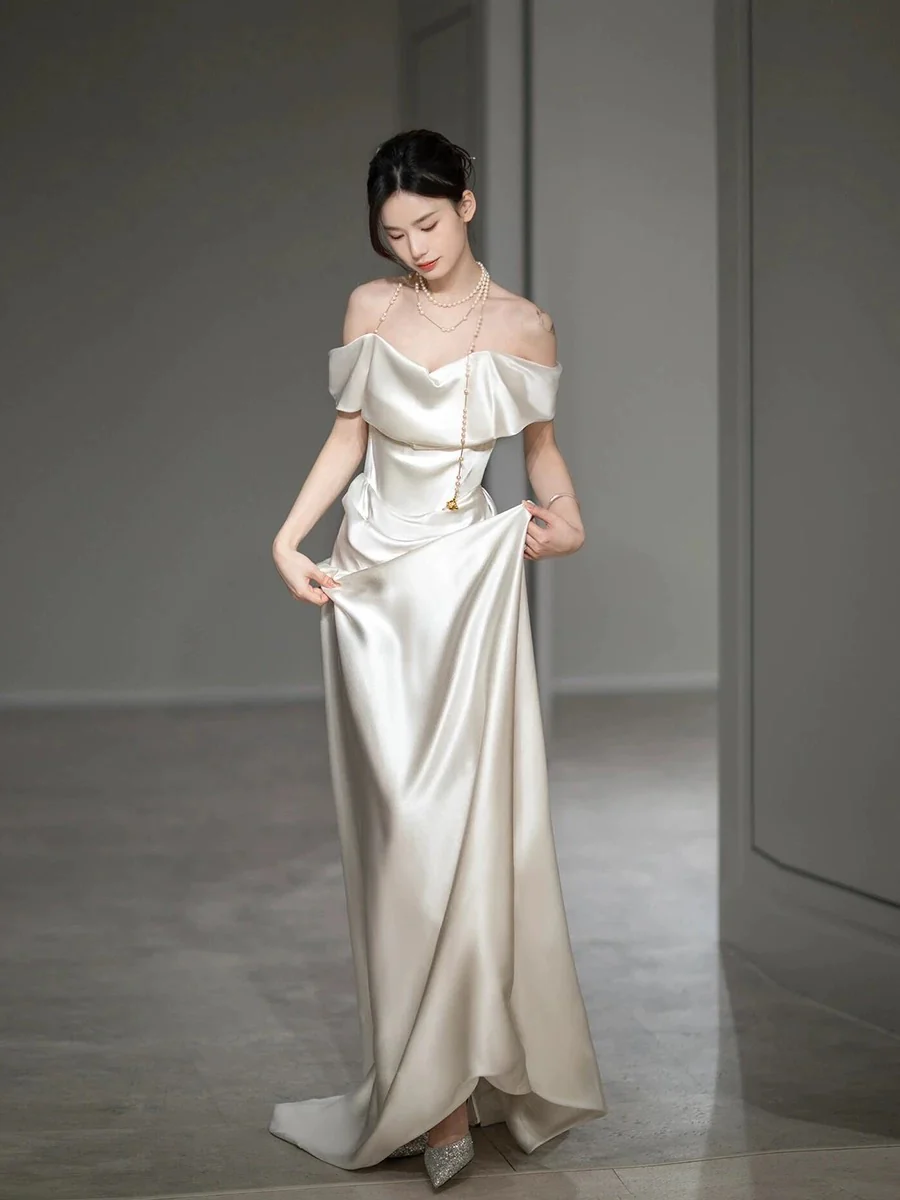 Elegant Mermaid Off The Shoulder Satin Short Sleeves Wedding Dresses Brides Dress H2868 - Deanwangkt