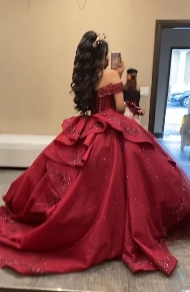 Sweet Burgundy Applique Ball Gowns Tulle Off-the-shoulder Long Quinceanera Dress Glitter Formal Dress DH2694 - Deanwangkt