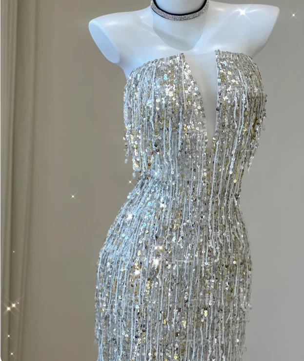Classy Sheath Strapless Silver Sequin Evening Dress Long Prom Dresses P0011 - Deanwangkt