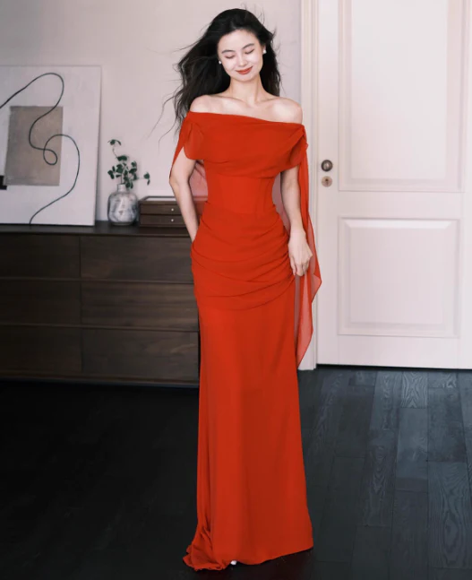 Elegant Off-shoulder Mermaid Chiffon Long Prom Dresses，Red  Formal Evening Gowns DP3069 - Deanwangkt