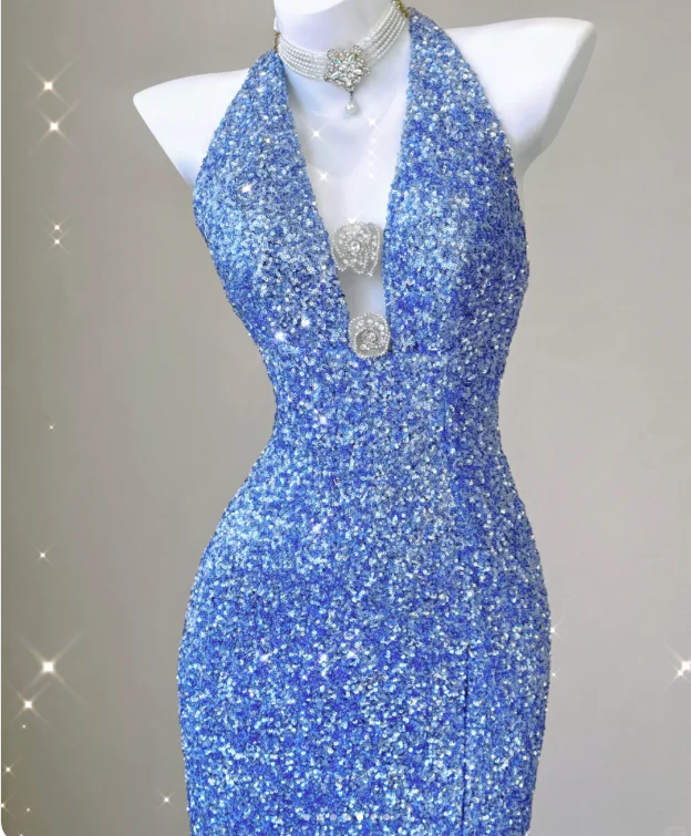 Classy Mermaid Halter V Neckline Blue Sequin Evening Dress Long Prom Dresses P0016 - Deanwangkt