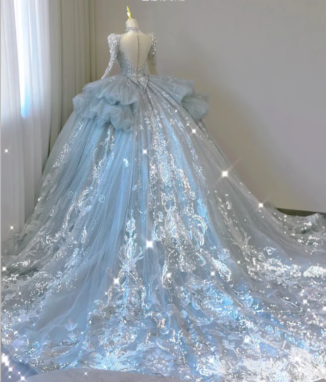 Timeless Ball Gown V Neckline Sequin Blue Long Sleeves Wedding Dresses Brides Dress DP465 - Deanwangkt