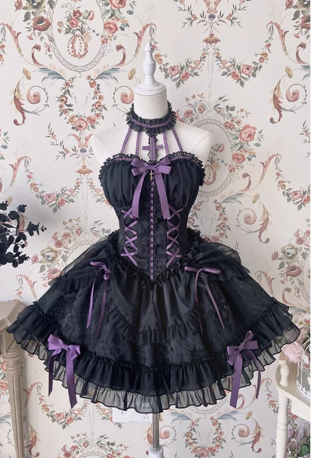 Vintage Ball Gown Halter Black/Purple Tulle Lace 22nd Birthday Dress Lolita Dress Cute Lolita Outfits DP2762 - Deanwangkt
