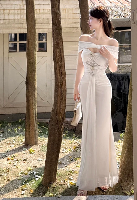 Elegant Off-the-shoulder Mermaid Chiffon Long Prom Dresses, White Formal Evening Gowns DP3068 - Deanwangkt