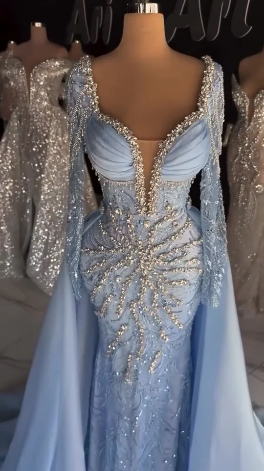 Elegant Sheath Blue Long Prom Dresses Sweetheart Neck Beaded Chiffon Blue Evening Dresses DP3912 - Deanwangkt