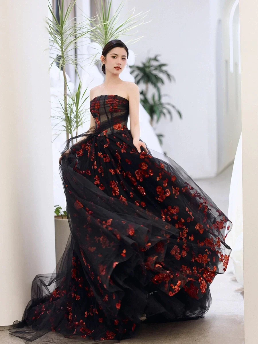 Classy Ball Gown Strapless Tulle Black Evening Dress Long Prom Dresses H2863 - Deanwangkt