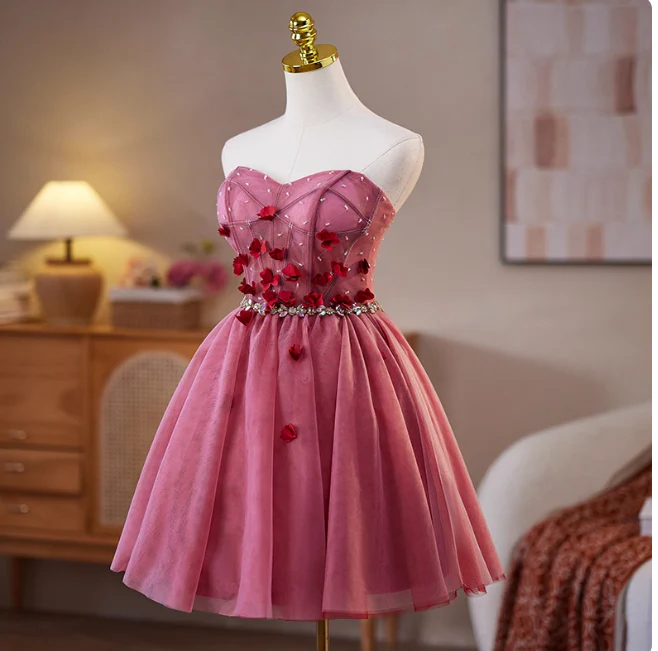 Sweet Strapless A-Line Tulle Short Prom Dresses, Red Homecoming Dresses DP3128 - Deanwangkt