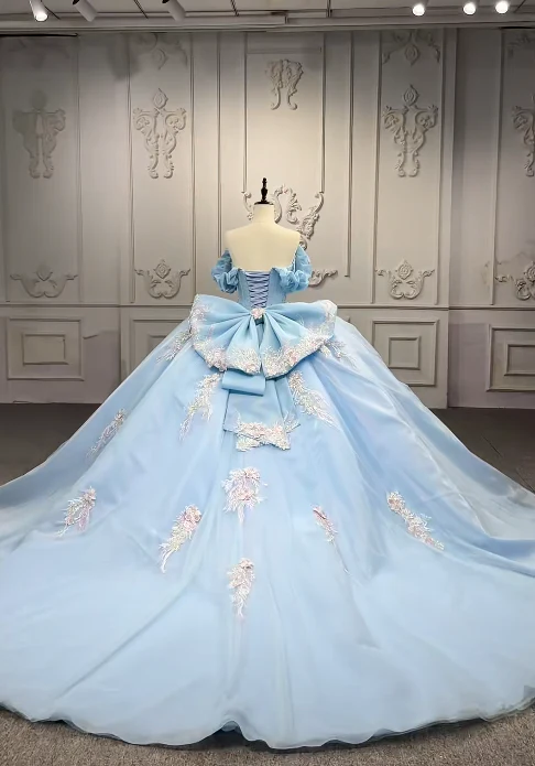 Gorgeous Off-the-shoulder Ball Gown Tulle Long Prom Dresses Applique Blue Quinceanera Dresses Sweet 16 Dress DP3293 - Deanwangkt