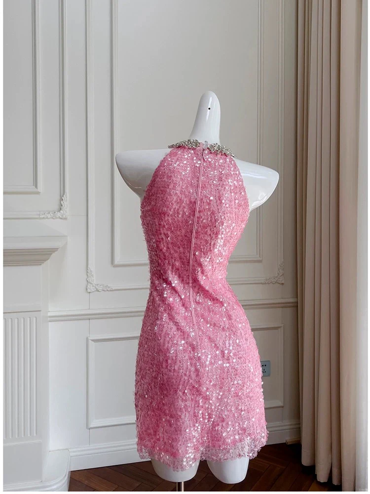 Cute Sheath High Neck Pink Sequin Formal Short 8th Grade Homecoming Dress Summer Middle School Hoco Dresses Birthday Outfits W985 - Deanwangkt