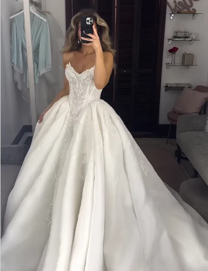 Princess Bridal Dress Ball Gown Sweetheart Sleeveless Satin White Lace Wedding Dresses Pretty Bridal Gowns DH936 - Deanwangkt