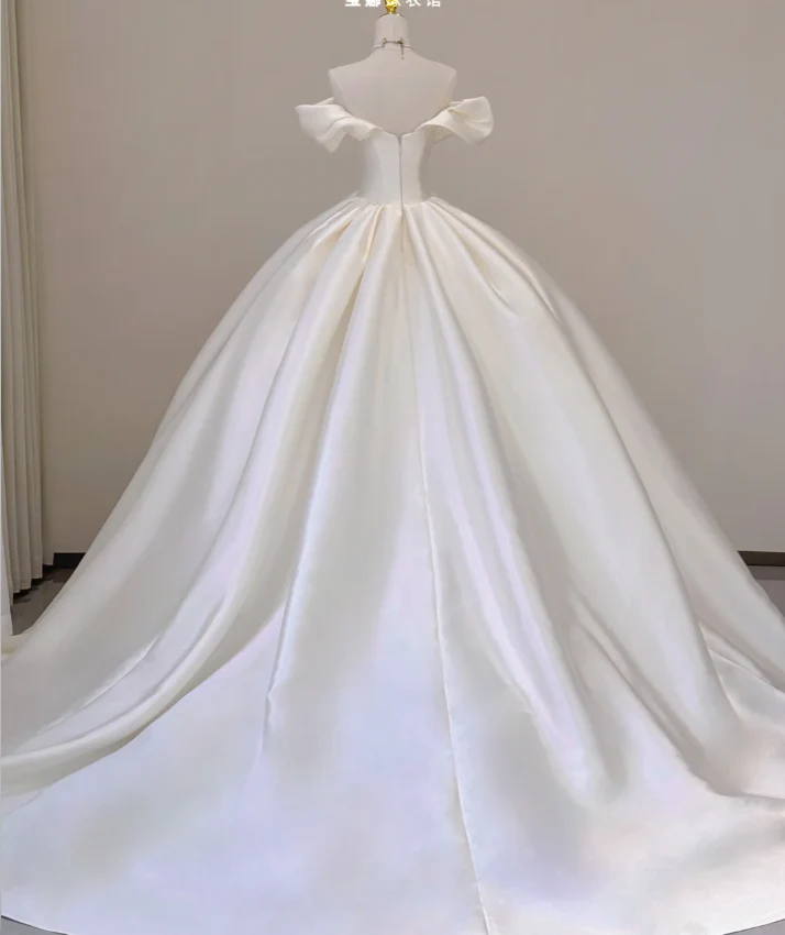 Elegant Ball Gown Off The Shoulder Satin Wedding Dresses White Brides Dress P0002 - Deanwangkt