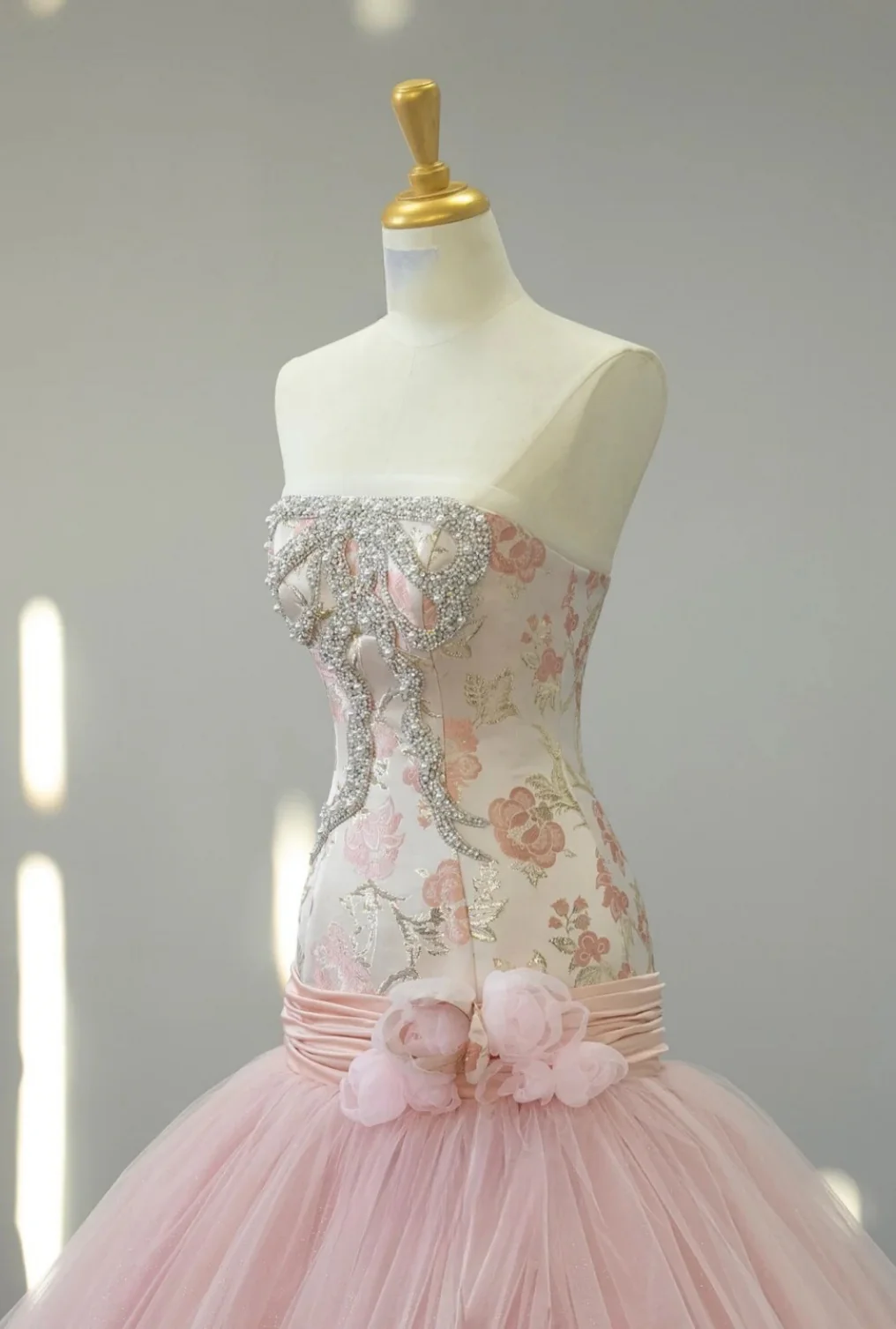 Fairy Strapless Mermaid Long Prom Dresses, Beaded Tulle Pink Evening Gowns DP3221 - Deanwangkt