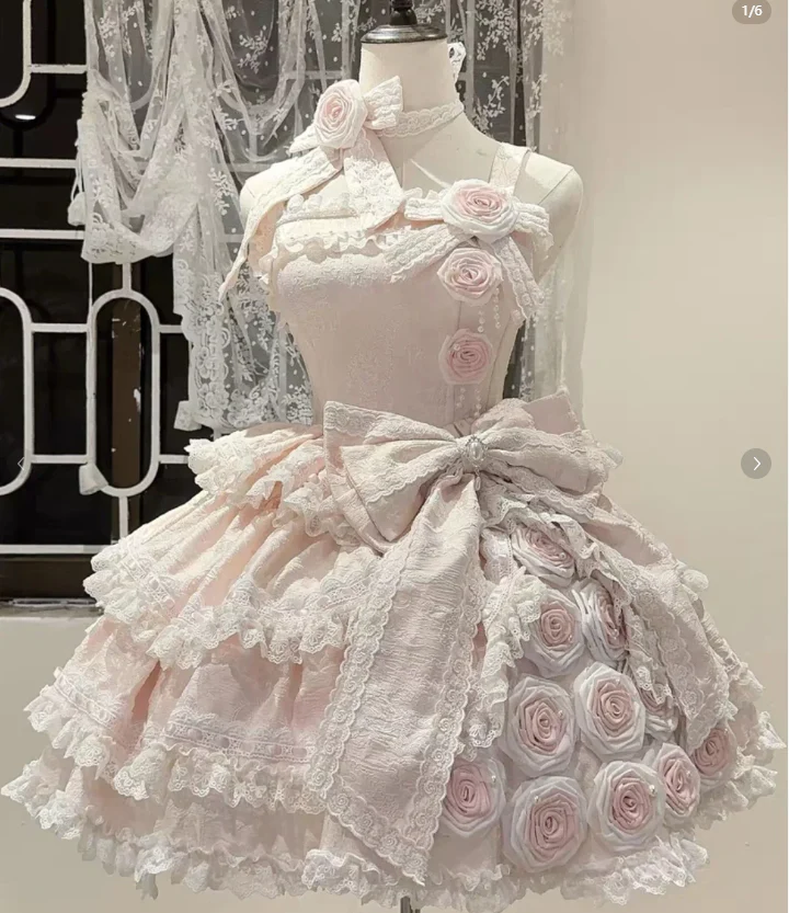 Sweet Spaghetti Strap Short Ball Gown Lace Applique 18th Birthday Dresses Pink Lolita Dresses DP3322 - Deanwangkt