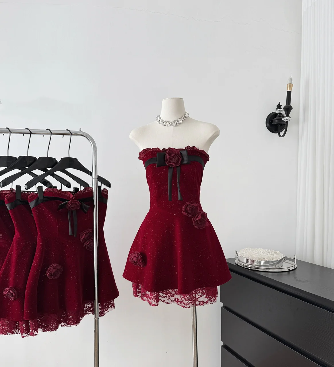 Sexy A line Strapless Summer Burgundy Velvet Dress Holiday Party Outfits For Women DP0028 - Deanwangkt