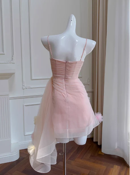 Sexy A line Spaghetti Straps Pink Tulle Short Homecoming Dresses Summer Hoco Dresses Cocktail Dress Birthday Outfits DP2297 - Deanwangkt