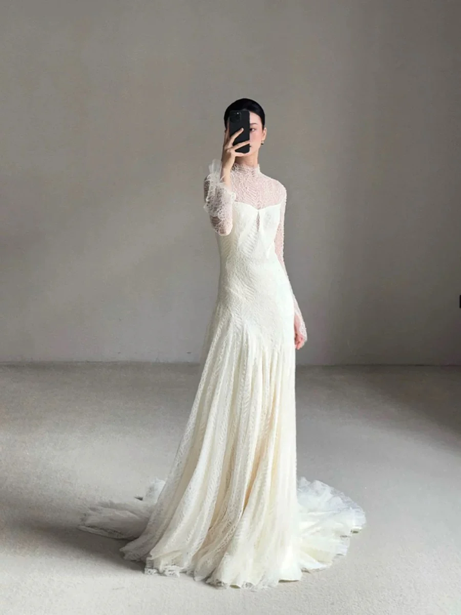Vintage Wedding Dress Mermaid High Neck Long Sleeves White Lace Summer Long Wedding Dresses Bridal Gowns W0748 - Deanwangkt