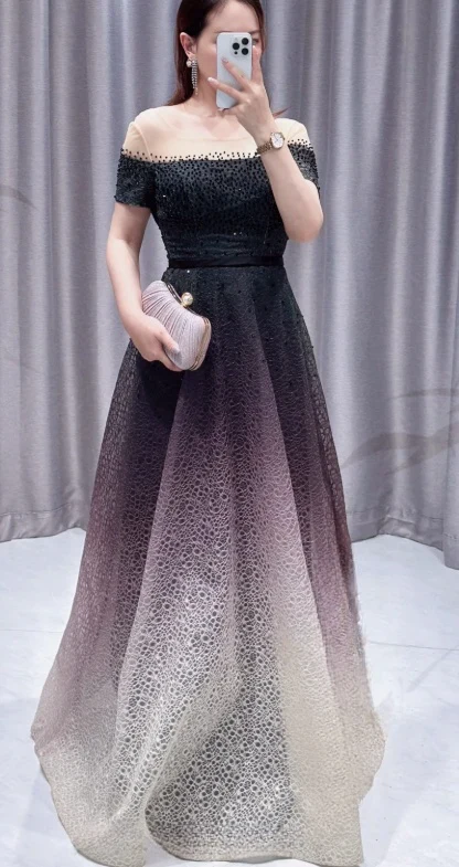 Elegant Black A-Line Off-the-shoulder Mother of the Bride Dress Tulle Long Evening Gown DP2872 - Deanwangkt