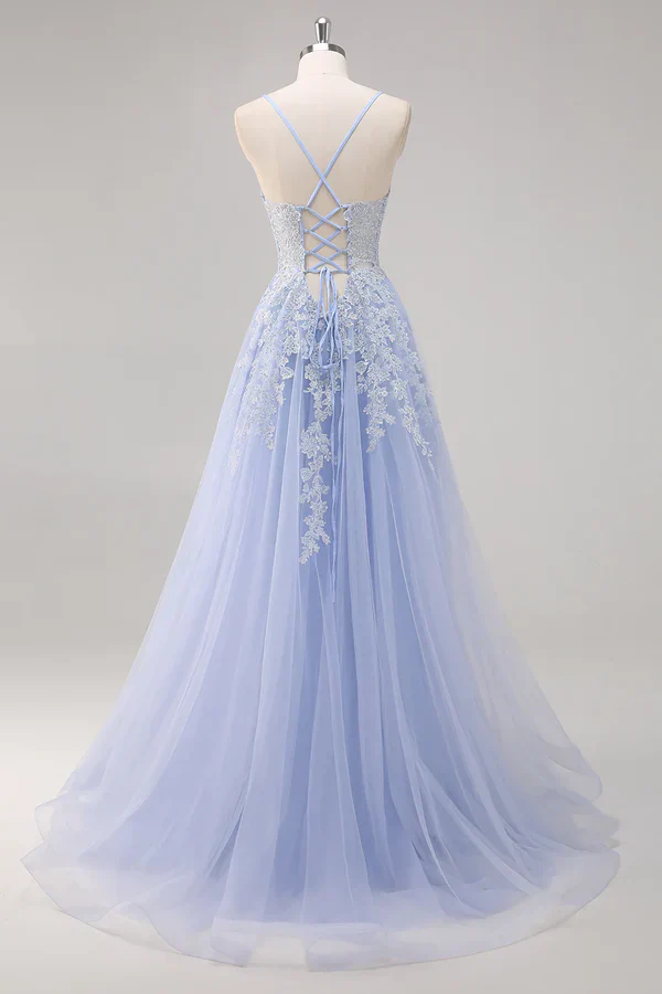 Pretty A Line Spaghetti Straps Tulle Beaded Long Prom Dress with Slit Graduation Dresses DP527 - Deanwangkt