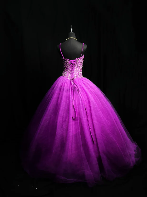 Fairy Ball Gown Tulle Long Prom Dresses Tulle Appliqué Spaghetti Straps Purple Quinceanera Dresses Sweet 16 Dresses DP04032 - Deanwangkt